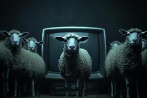 A group of sheep gathered in dim light, staring at an old television, showcasing themes of conformity in society and media influence photo