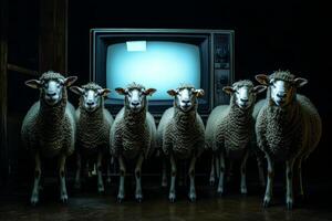 A group of sheep standing in front of a vintage television set, reflecting themes of conformity and societal critique in a dark setting photo