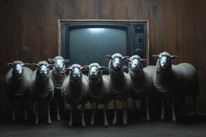 Sheep gathered in front of an old television set, illustrating themes of conformity and societal influence in a darkly satirical context photo