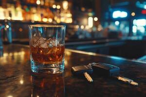A glass of whiskey on the bar counter next to car keys at a quiet night spot, hinting at an unfinished evening of relaxation photo