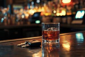 A pristine glass of alcohol rests on a dimly lit bar counter beside a set of car keys after a long evening photo