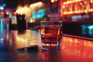 A glass of untouched alcohol with car keys on a bar counter during a lively evening at a vibrant lounge photo