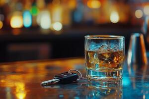 A glass of whiskey with ice sits on a bar counter next to a set of car keys during a quiet evening at a bar photo