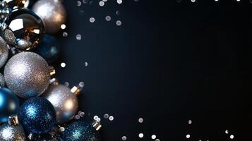 Shiny blue and silver Christmas ball ornaments on a black background with a blank space for custom text or designs photo