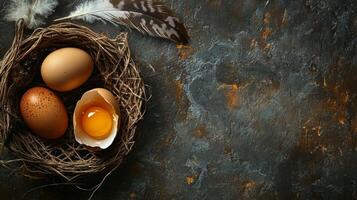 Brown eggs in a rustic basket with a broken egg and a feather on a dark wooden table, perfect for text or design addition photo