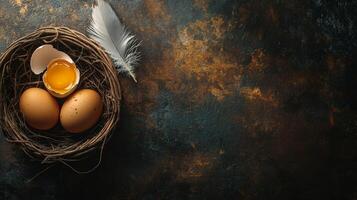 Brown eggs in a rustic basket with a broken egg and feather on a dark wooden table, perfect for crafting or cooking ideas photo