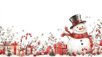 Cheerful snowman with a top hat and scarf surrounded by gifts and candy canes in a festive Christmas design photo