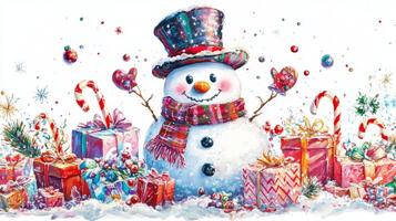 Smiling snowman in a festive top hat and scarf with holiday gifts and decorations in a cheerful Christmas advertisement photo