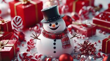 Cheerful snowman in a top hat and scarf surrounded by Christmas gifts and candy canes creating a festive holiday atmosphere photo