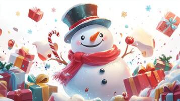 Cheerful snowman in a top hat spreads festive joy with gifts and candy canes during the holiday season against a white background photo