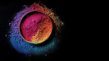 Vibrant closeup of colorful powdered pigments representing the Holi festival of colors celebrated in Hindu culture photo