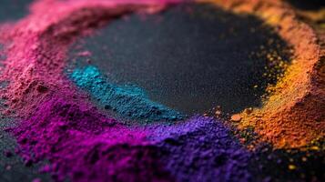 Vibrant close-up of colorful powders arranged in a circle celebrating Holi tradition on a black backdrop photo