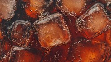 Close-up of fizzy cola with ice cubes, showcasing bubbles and refreshing texture in a glass, perfect for hot days photo