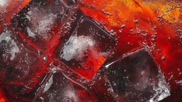 Close-up view of cola with ice cubes surrounded by bubbling carbonation in a glass for a refreshing drink experience photo