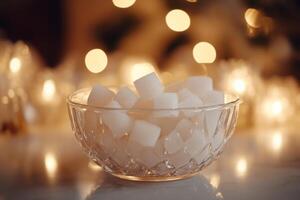 Elegant glass bowl filled with sugar cubes, surrounded by softly blurred ambient lights for a cozy atmosphere photo