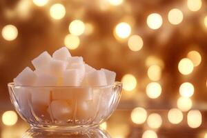 Cubes of sugar elegantly arranged in a glass bowl with soft, blurred lights creating a warm atmosphere photo