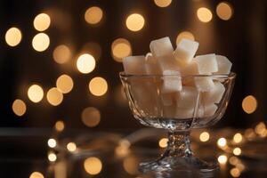 Cubes of sugar elegantly presented in a glass bowl against a backdrop of soft, blurred lights creating a warm ambiance at an evening gathering photo