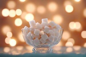 Elegant glass bowl filled with sugar cubes, softly illuminated by blurred lights for a refined atmosphere photo