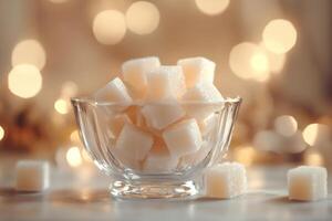 Elegant glass bowl filled with sugar cubes surrounded by warm, blurred lights creating a cozy atmosphere photo