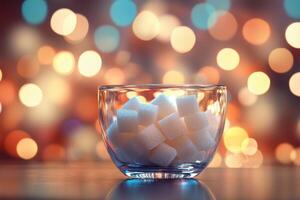 Elegant glass bowl filled with sugar cubes, illuminated by blurred ambient lights creating a cozy atmosphere photo