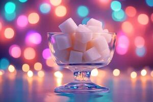 Cubes of sugar elegantly arranged in a glass bowl surrounded by softly glowing lights in a captivating atmosphere photo