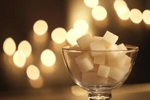 Elegant glass bowl filled with sugar cubes illuminated by blurred lights in a cozy setting photo