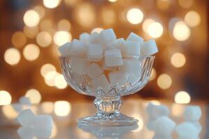 Elegant glass bowl filled with sugar cubes adorned by blurred festive lights in a cozy setting photo