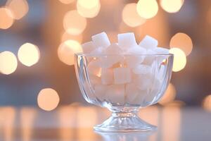 Elegant glass bowl filled with sugar cubes illuminated by blurred lights, creating a warm ambiance for a cozy setting photo