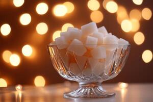 Elegant glass bowl filled with sugar cubes set against a backdrop of softly blurred lights for a charming, festive atmosphere photo
