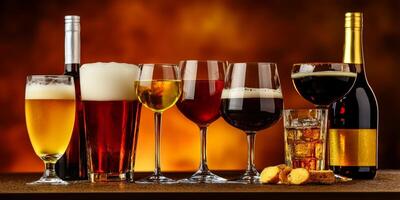 A variety of alcoholic beverages displayed on a wooden bar table with copy space for text or design in a cozy setting photo