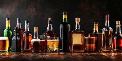A variety of alcoholic drinks displayed on a wooden table in a bar, perfect for adding your own design elements or text photo