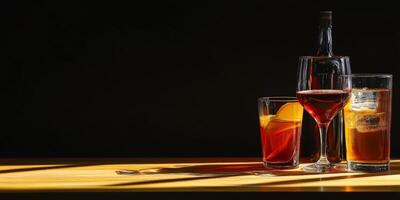 A variety of alcohol drinks elegantly displayed on a bar table with an inviting ambiance, perfect for evening gatherings or celebrations photo