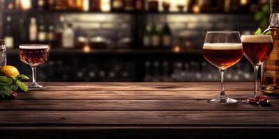 A selection of diverse alcoholic beverages elegantly displayed on a wooden bar table with ample space for personal design or text photo