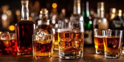 A variety of alcoholic drinks with ice displayed on a bar table, perfect for social gatherings and celebrations in an inviting atmosphere photo