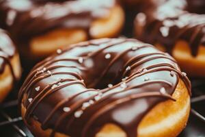 Delicious chocolate cronut donut viewed up close with a soft texture and rich glaze, perfect for a sweet treat at any time photo