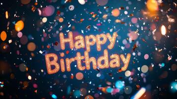Colorful celebration background with confetti and a happy birthday message shining bright during a festive event photo