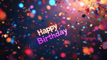 Colorful celebration with confetti and happy birthday message illuminated in vibrant lights photo