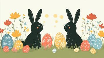 Black rabbits surrounded by colorful decorated eggs and flowers in a springtime garden setting photo