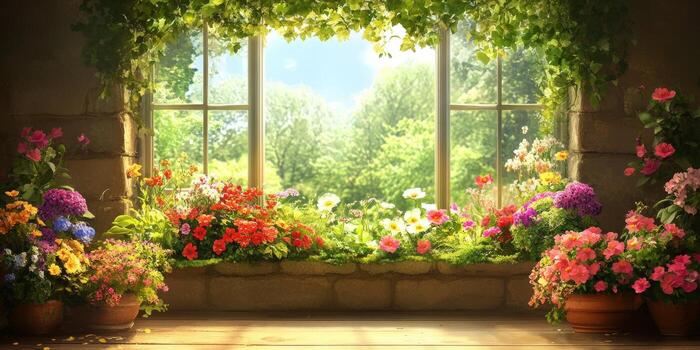 Beautiful flower-filled window sill with sunlight streaming in and greenery outside in a peaceful garden setting photo