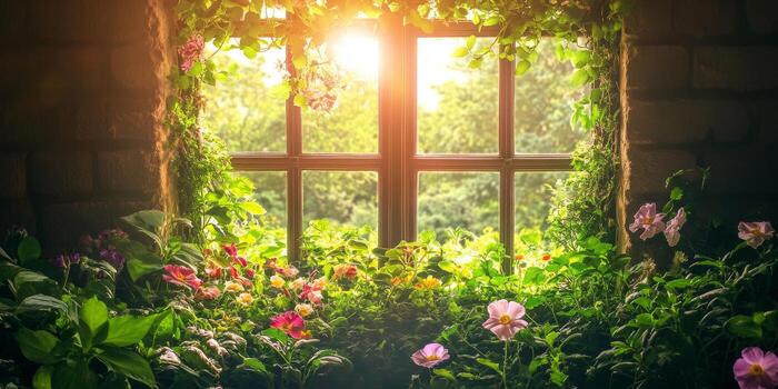 Sunlight streams through a window adorned with vibrant flowers and lush greenery in a tranquil setting photo