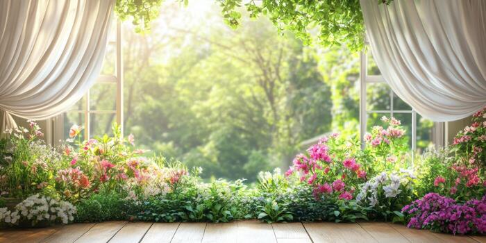 Bright and colorful garden view from a window with blooming flowers and natural greenery during the day photo
