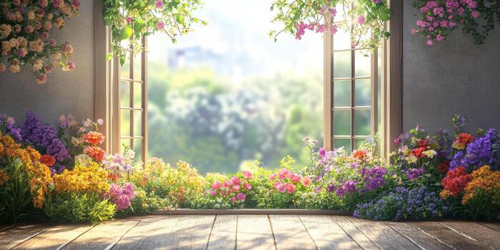 Colorful flower garden view through open windows on a sunny day photo