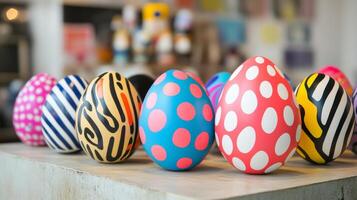 Colorful decorated eggs displayed on a table during a festive spring celebration photo
