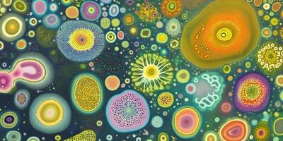 Vibrant microscopic organisms in colorful patterns observed under a microscope in a laboratory setting photo