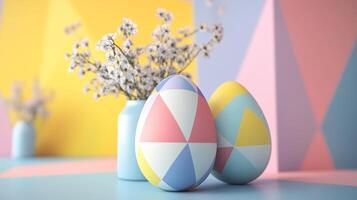 Decorative pastel eggs placed beside a small vase of flowers against a colorful geometric background photo