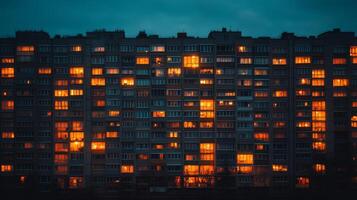 Illuminated windows of a residential building at dusk casting a warm glow in an urban neighborhood photo
