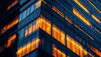 Urban sunset reflects on modern glass building with illuminated windows providing a warm glow at dusk photo