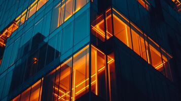 Modern glass building illuminated at night with warm orange lighting creating a striking visual effect in an urban setting photo