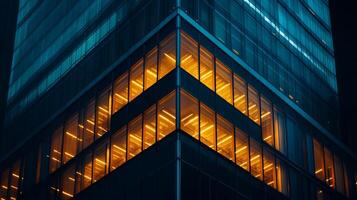 Urban skyscraper illuminated at night with striking orange and blue colors creating a captivating effect photo