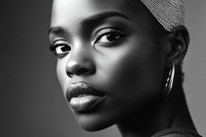 Stunning portrait of a woman with bold earrings and head wrap in elegant black and white setting during a photoshoot photo